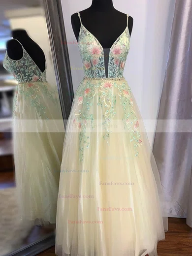 A-line V-neck Tulle Floor-length Prom Dresses With Beading #Favs020112182