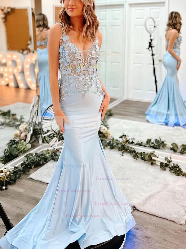 Trumpet/Mermaid V-neck Jersey Sweep Train Prom Dresses With Appliques Lace #Favs020112194