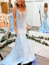 Trumpet/Mermaid V-neck Jersey Sweep Train Prom Dresses With Appliques Lace #Favs020112194