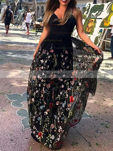 A-line V-neck Tulle Floor-length Prom Dresses With Flower(s) #Favs020112232