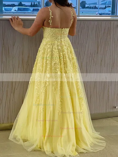 A-line V-neck Lace Tulle Sweep Train Prom Dresses With Beading #Favs020112240