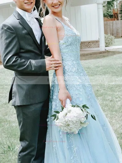 A-line V-neck Lace Tulle Sweep Train Prom Dresses With Beading #Favs020112240