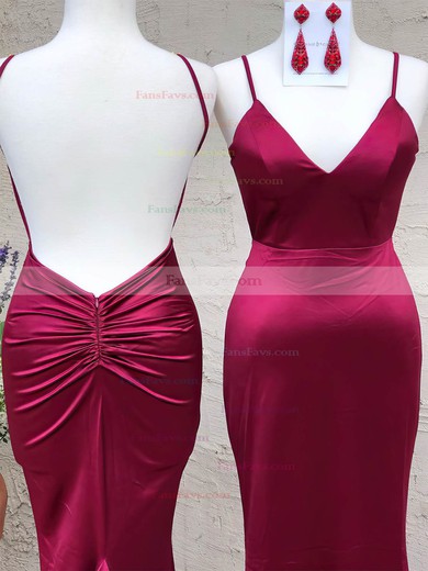 Trumpet/Mermaid V-neck Silk-like Satin Sweep Train Prom Dresses With Ruffles #Favs020112243