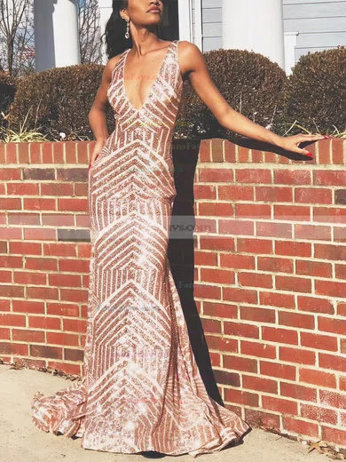Trumpet/Mermaid V-neck Sequined Sweep Train Prom Dresses #Favs020112271