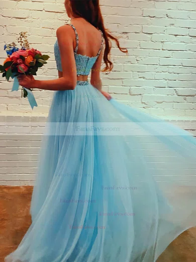 A-line V-neck Lace Tulle Sweep Train Prom Dresses With Sashes / Ribbons #Favs020112294