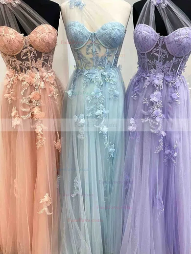 A-line One Shoulder Tulle Sweep Train Prom Dresses With Appliques Lace #Favs020112297