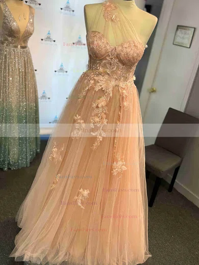 A-line One Shoulder Tulle Sweep Train Prom Dresses With Appliques Lace #Favs020112297