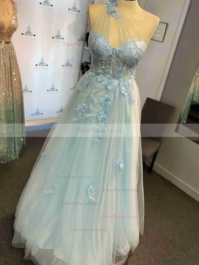 A-line One Shoulder Tulle Sweep Train Prom Dresses With Appliques Lace #Favs020112297