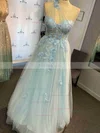 A-line One Shoulder Tulle Sweep Train Prom Dresses With Appliques Lace #Favs020112297