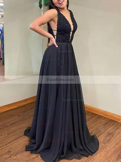 A-line V-neck Chiffon Sweep Train Prom Dresses With Appliques Lace #Favs020112317