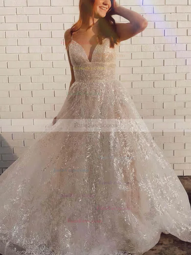 A-line V-neck Lace Sweep Train Prom Dresses #Favs020112329