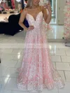 A-line V-neck Lace Sweep Train Prom Dresses #Favs020112329