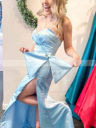 Sheath/Column V-neck Satin Sweep Train Prom Dresses With Split Front #Favs020112343