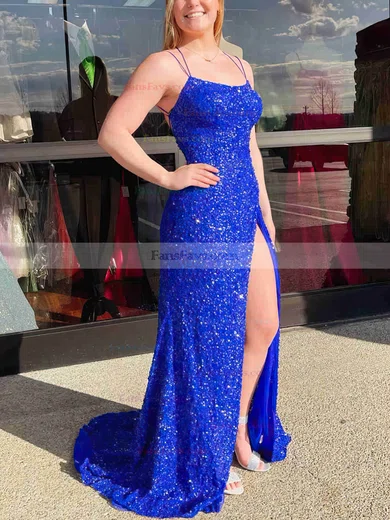 Sheath/Column Scoop Neck Sequined Sweep Train Prom Dresses With Split Front #Favs020112346