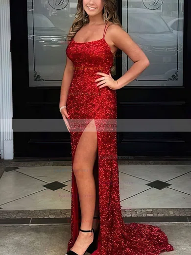 Sheath/Column Scoop Neck Sequined Sweep Train Prom Dresses With Split Front #Favs020112346