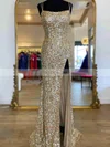 Sheath/Column Scoop Neck Sequined Sweep Train Prom Dresses With Split Front #Favs020112346