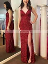 Sheath/Column V-neck Sequined Floor-length Prom Dresses With Split Front #Favs020112351