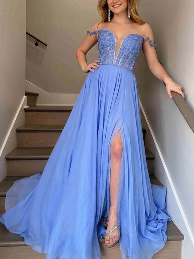 A-line Off-the-shoulder Chiffon Sweep Train Prom Dresses With Split Front #Favs020112372