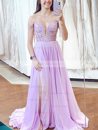 A-line Off-the-shoulder Chiffon Sweep Train Prom Dresses With Split Front #Favs020112372