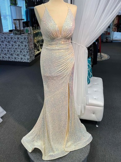 Trumpet/Mermaid V-neck Sequined Floor-length Prom Dresses With Split Front #Favs020112378
