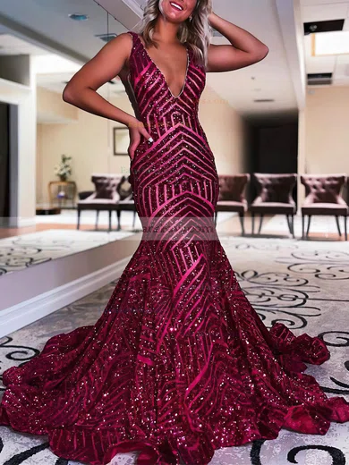 Trumpet/Mermaid V-neck Sequined Sweep Train Prom Dresses #Favs020112393