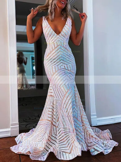 Trumpet/Mermaid V-neck Sequined Sweep Train Prom Dresses #Favs020112393