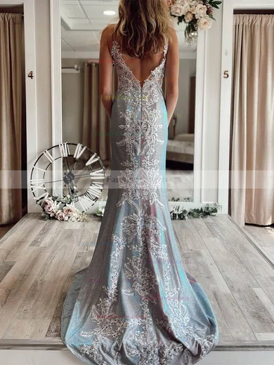 Sheath/Column V-neck Shimmer Crepe Sweep Train Prom Dresses With Split Front #Favs020112394