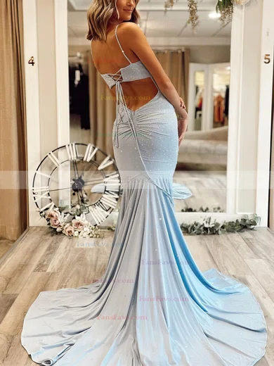 Trumpet/Mermaid V-neck Jersey Sweep Train Prom Dresses With Beading #Favs020112395