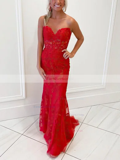 Sheath/Column Sweetheart Lace Tulle Floor-length Prom Dresses With Appliques Lace #Favs020112403