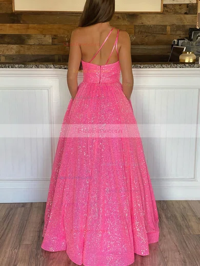 A-line One Shoulder Sequined Sweep Train Prom Dresses With Pockets #Favs020112404