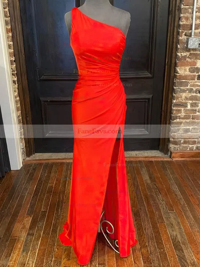 Trumpet/Mermaid One Shoulder Silk-like Satin Sweep Train Prom Dresses With Split Front #Favs020112405