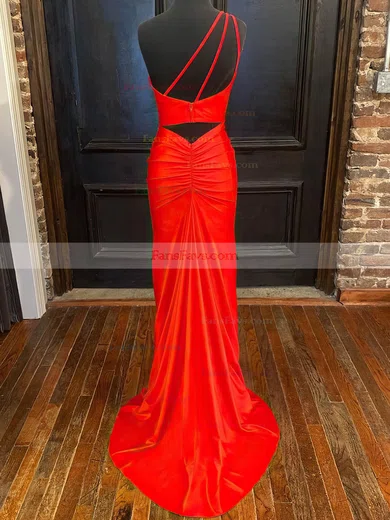 Trumpet/Mermaid One Shoulder Silk-like Satin Sweep Train Prom Dresses With Split Front #Favs020112405