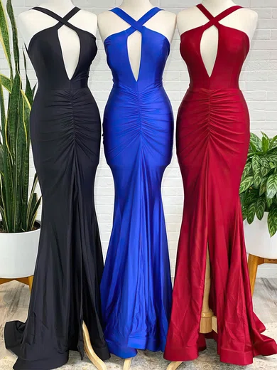 Trumpet/Mermaid V-neck Jersey Floor-length Prom Dresses With Split Front #Favs020112417