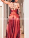 A-line Cowl Neck Silk-like Satin Sweep Train Prom Dresses With Split Front #Favs020112447
