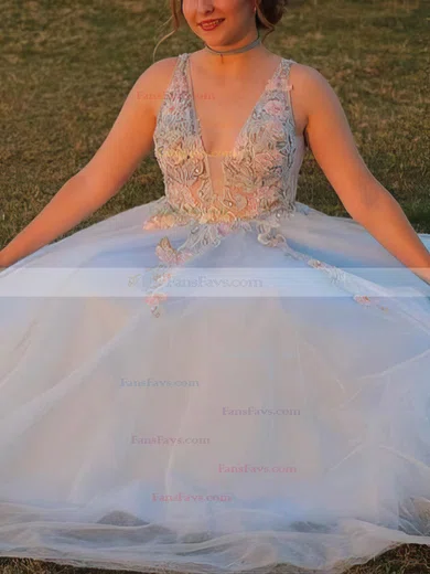 A-line V-neck Lace Tulle Floor-length Prom Dresses With Flower(s) #Favs020112452