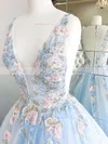 A-line V-neck Lace Tulle Floor-length Prom Dresses With Flower(s) #Favs020112452