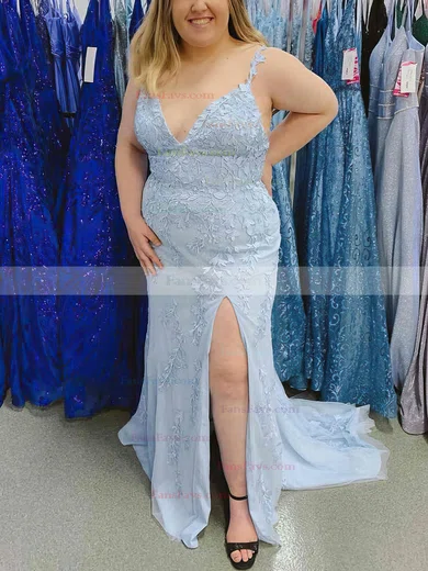 Sheath/Column V-neck Tulle Lace Sweep Train Prom Dresses With Split Front #Favs020112455