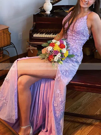 Sheath/Column V-neck Tulle Lace Sweep Train Prom Dresses With Split Front #Favs020112455