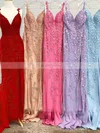 Sheath/Column V-neck Tulle Lace Sweep Train Prom Dresses With Split Front #Favs020112455