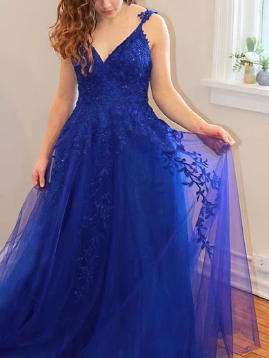 A-line V-neck Lace Tulle Sweep Train Prom Dresses With Pockets #Favs020112474