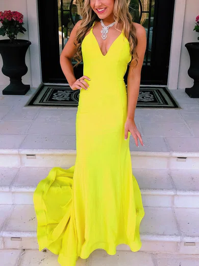 Trumpet/Mermaid V-neck Jersey Sweep Train Prom Dresses With Ruffles #Favs020112492
