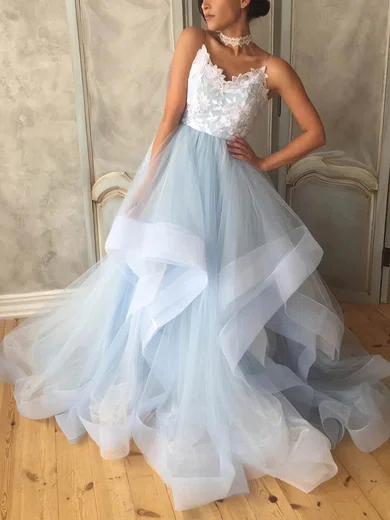 Ball Gown V-neck Tulle Sweep Train Prom Dresses With Appliques Lace #Favs020112498