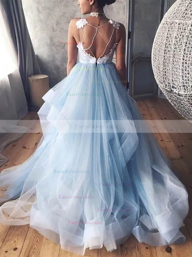 Ball Gown V-neck Tulle Sweep Train Prom Dresses With Appliques Lace #Favs020112498