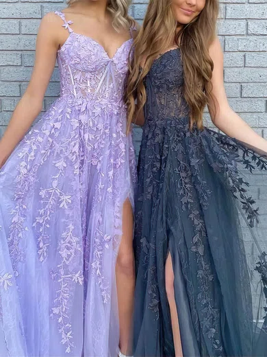 A-line V-neck Tulle Sweep Train Prom Dresses With Split Front #Favs020112505