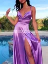 A-line V-neck Silk-like Satin Sweep Train Prom Dresses With Split Front #Favs020112516
