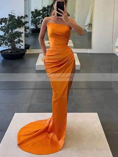 Sheath/Column Strapless Silk-like Satin Sweep Train Prom Dresses With Split Front #Favs020112518