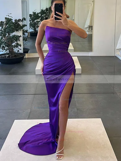 Sheath/Column Strapless Silk-like Satin Sweep Train Prom Dresses With Split Front #Favs020112518