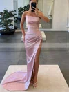 Sheath/Column Strapless Silk-like Satin Sweep Train Prom Dresses With Split Front #Favs020112518