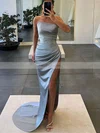 Sheath/Column Strapless Silk-like Satin Sweep Train Prom Dresses With Split Front #Favs020112518