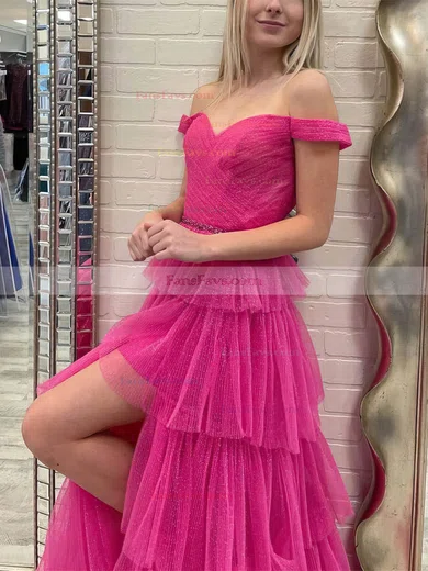 A-line Off-the-shoulder Glitter Sweep Train Prom Dresses With Split Front #Favs020112533